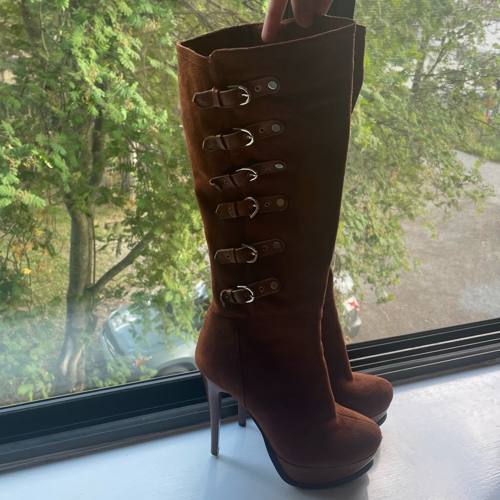 Brown suede heeled boots